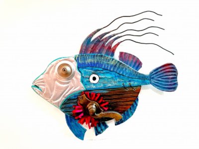 Jay fish sculpture made from recycled materials