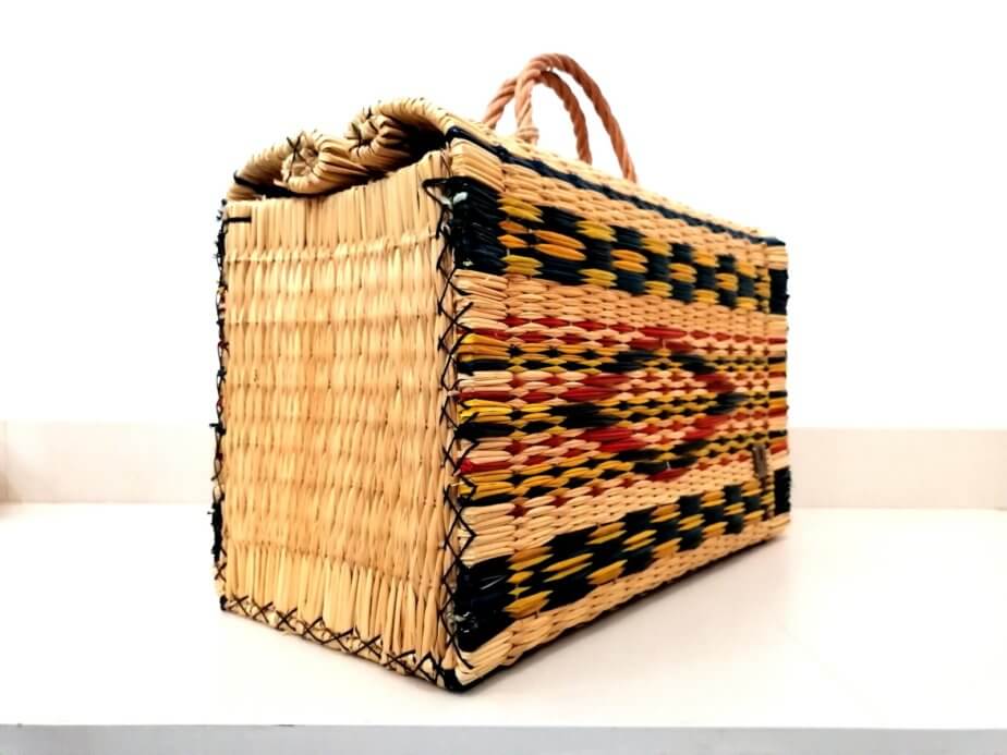 Traditional Reed Basket - diamond pattern, yellow & red & blue
