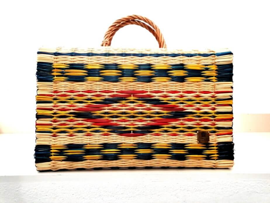 Traditional Reed Basket - diamond pattern, yellow & red & blue