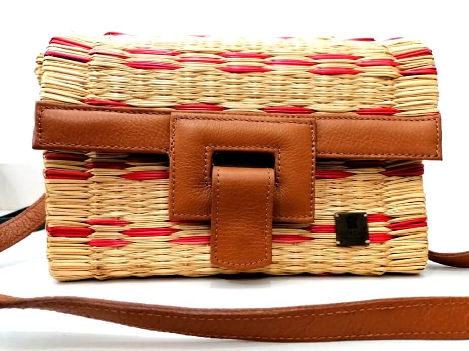 Pink striped Reed Basket with leather strap